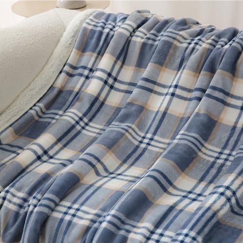 PU MEI Sherpa Blanket Queen Plaid Thick Bed Blanket, 80”*90” Super Soft Flannel Fuzzy Fleece Reversible Velvet Plush Warm Blanket for Couch (Blue White Check) - Image 2