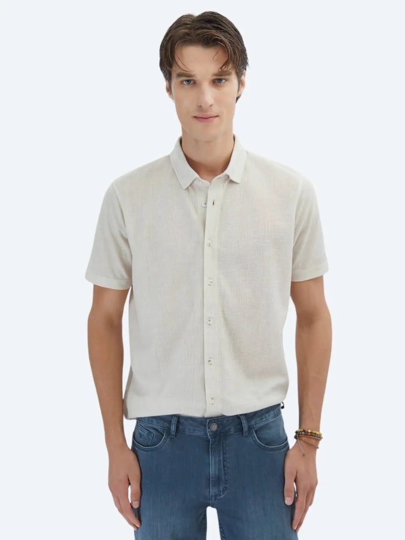 كيب قميص كاجوال محبوك بنقشة بيج، بقصة عادية - Image 1