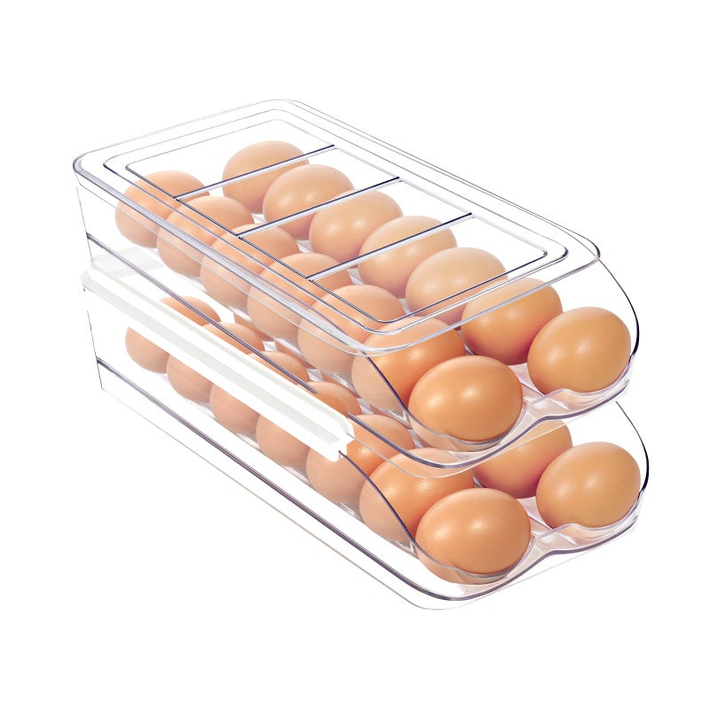 MesRosa Egg Holder for Fridge Automatic Rolling Egg Organizer for Refrigerator Clear Plastic Egg Container Tray Stackable Dispenser and Storage Bin with Sturdy Lid to Saving Space 2 Layer