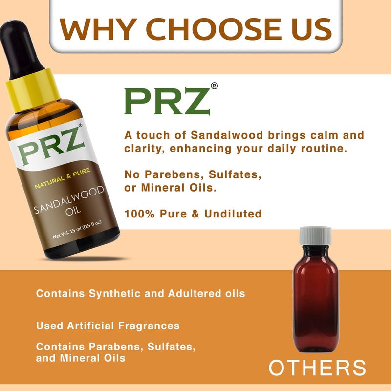 PRZ PRZ Sandalwood Essential Oil for Skin Home Fragrance and Aromatherapy Pure Sandalwood Chandan Oil for Stress Relief Relaxation Sandalwood Oil for Acne Wrinkles Dark Circles 15 ml  - Image 4