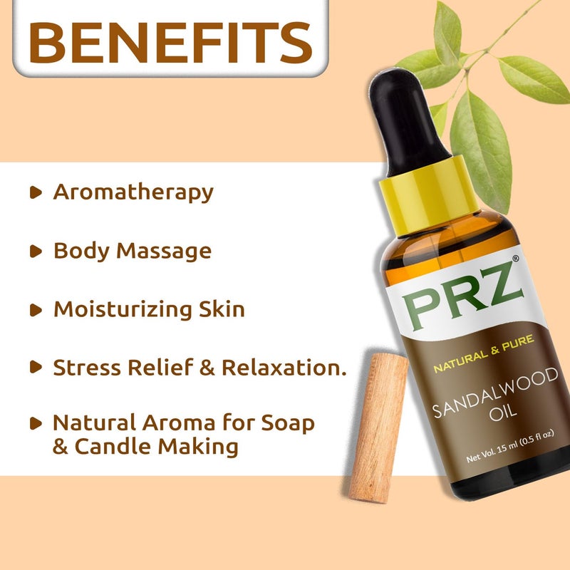 PRZ PRZ Sandalwood Essential Oil for Skin Home Fragrance and Aromatherapy Pure Sandalwood Chandan Oil for Stress Relief Relaxation Sandalwood Oil for Acne Wrinkles Dark Circles 15 ml  - Image 2