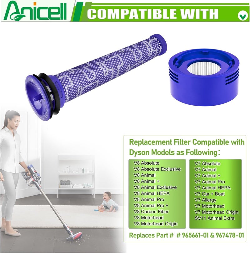 Ancel فلتر بديل متوافق مع مكنسة دايسون V8 V7 SV10 للحيوانات ونسخة Absolute اللاسلكية، قطع غيار بديلة رقم # 965661-01 و 967478-01، 1 فلتر مسبق + 1 فلتر HEPA بعدي + 1 فرشاة - Image 2