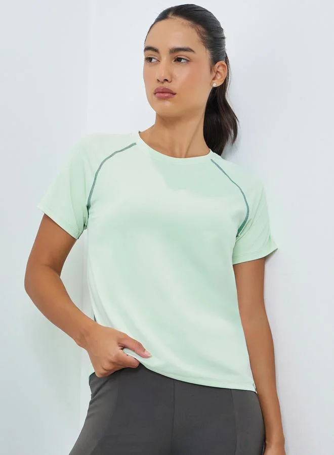 Styli Active Green Contrast Stitch Detail Short Sleeves Top