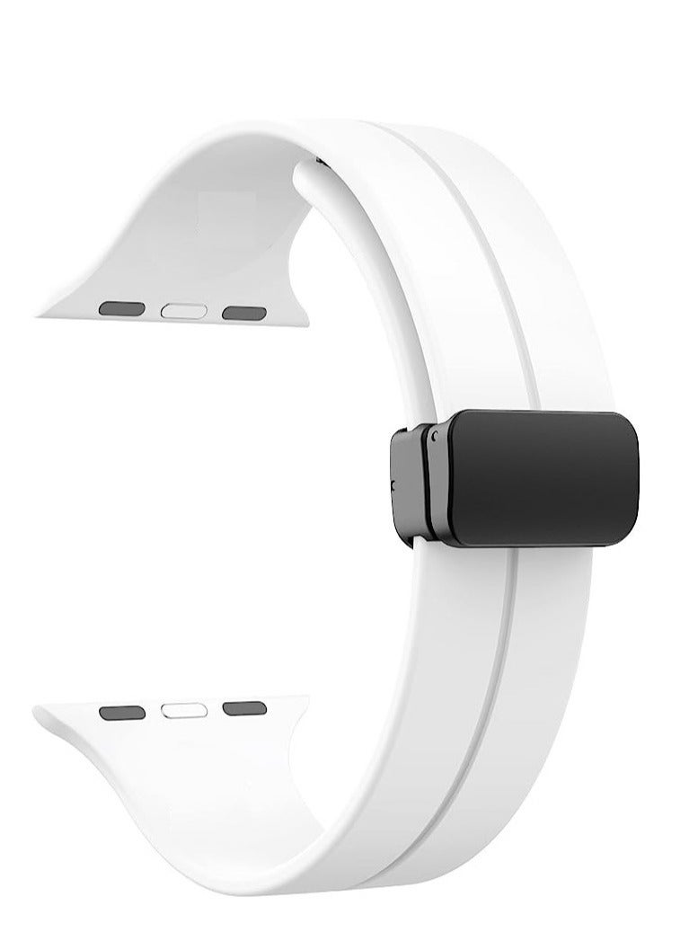 For Apple Watch 45mm 9 Series D-Shape Magnetic Clasp Silicone Replacement Sport Wristband Band-White - Image 1