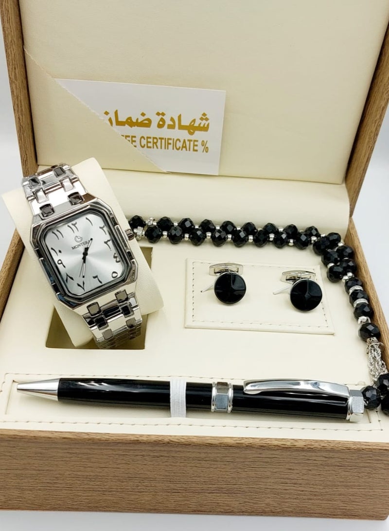 مونتيرا طقم رجالي مكون من ٤ قطع ساعة وقلم وكبك وسبحه