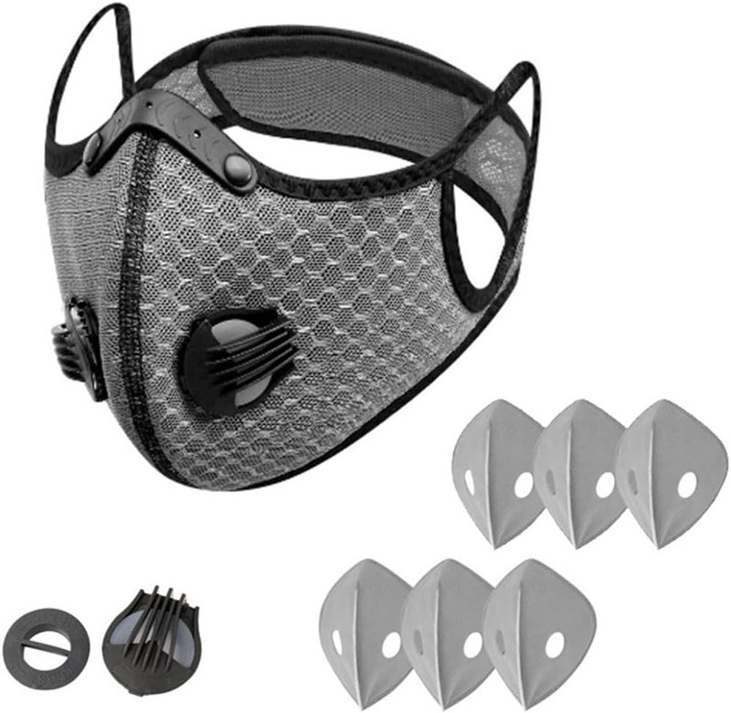 Tenmokus Anti-Fog Dust Mask for Cycling, Reusable Half Face Mask with 2 Breathing Valves & 6 Activated Carbon Filters, Windproof Warm Breathable Sports Mask for Running Outdoor, Unisex, Gray - Image 1