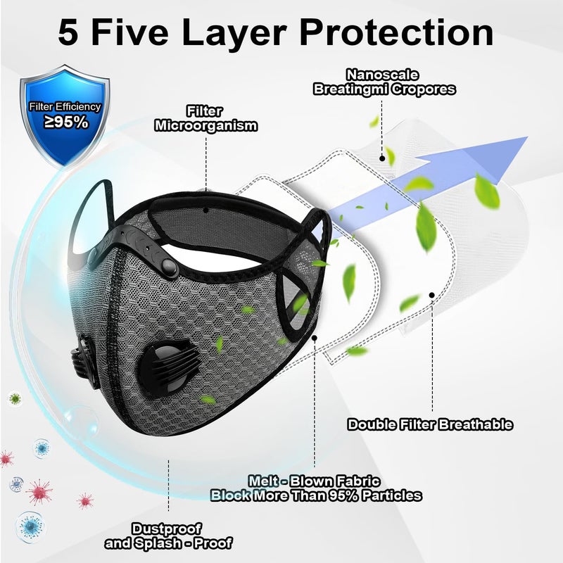 Tenmokus Anti-Fog Dust Mask for Cycling, Reusable Half Face Mask with 2 Breathing Valves & 6 Activated Carbon Filters, Windproof Warm Breathable Sports Mask for Running Outdoor, Unisex, Gray - Image 3