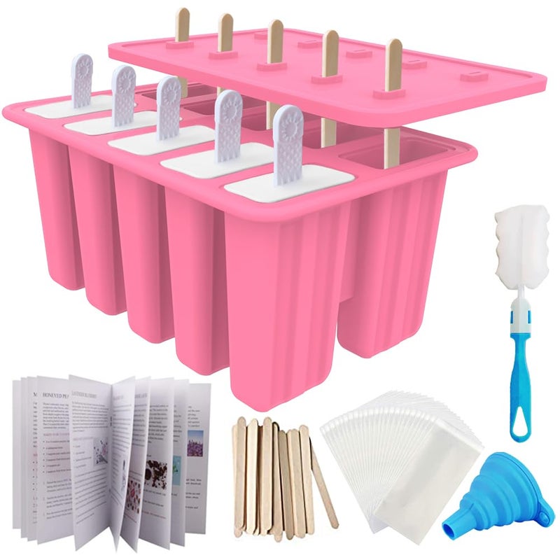 Miaowoof Homemade Popsicle Molds 10Cav NonBPA Silicone Ice Pop Maker with 50 Sticks 50 Bags 10 Reusable Sticks Funnel Brush and Ice Pop Recipe Pink