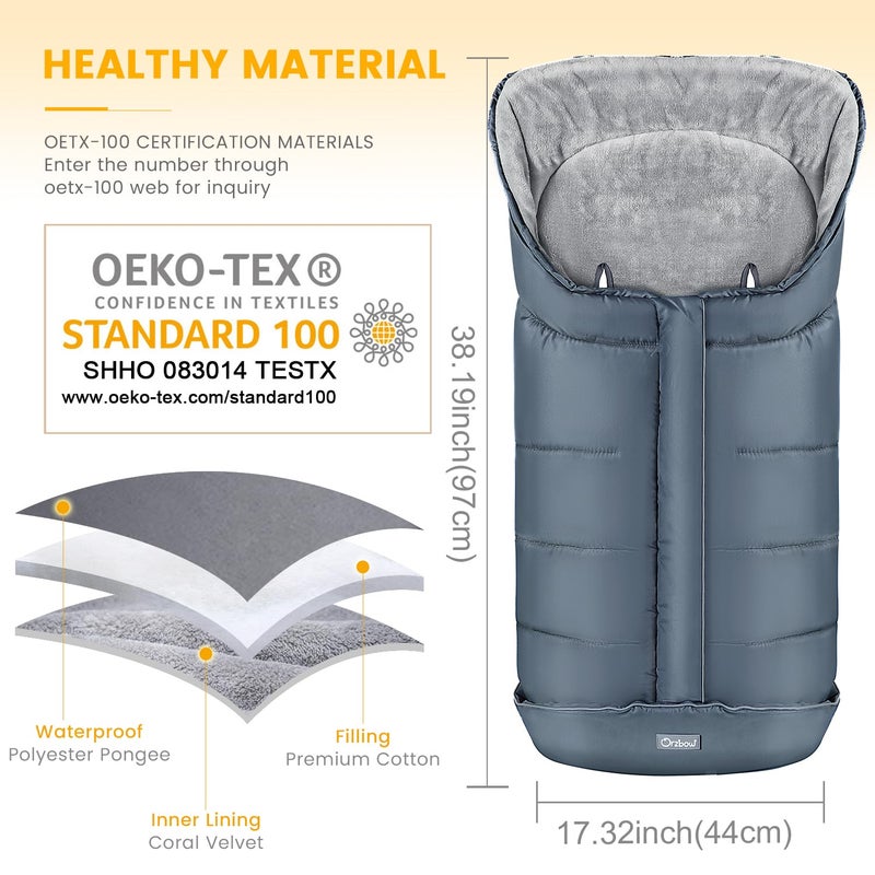 Orzbow Warm Bunting Bag Universal, Stroller Sleeping Bag Cold Weather, Waterproof Toddler Footmuff (Grey, Large) - Image 4