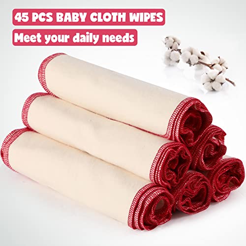 meekoo 45 Pcs Unbleached Flannel Cloth Baby Wipes Reusable Baby Diapers Wipes 8 x 8 Inch Soft and Sturdy Washable Natural Cloth Tissues Outer Stitching(Red) - Image 3