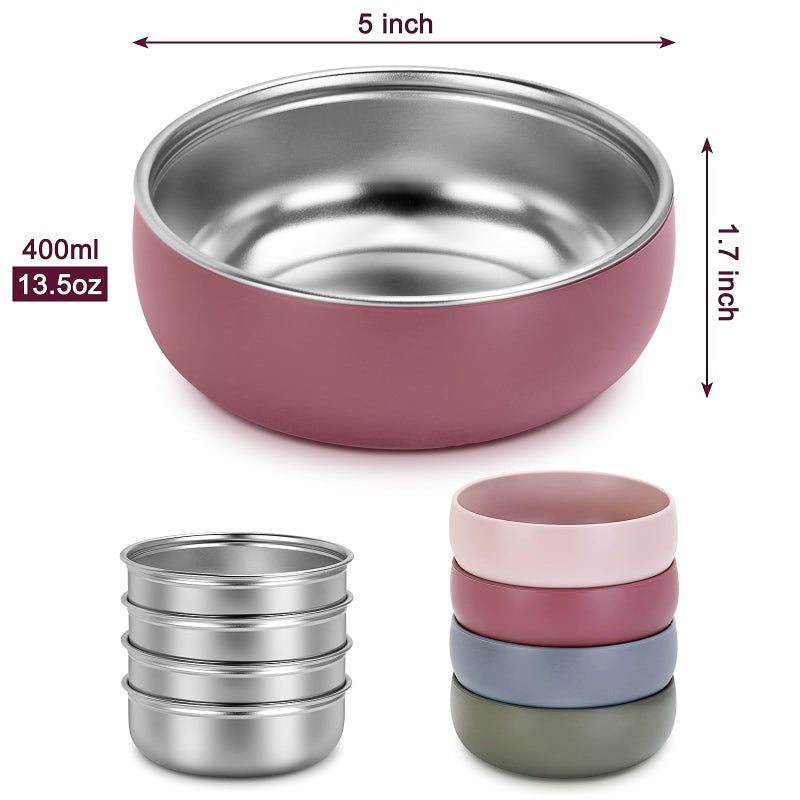 ShineMe 4 pack Toddler Bowls, 5 Inches Wide Stainless Steel Bowls for Kids with Removable Colorful Silicone Sleeve, Unbreakable Baby Bowls for Candy, Soup, Salad, Yogurt, Ice Cream, Snacks... - Image 2