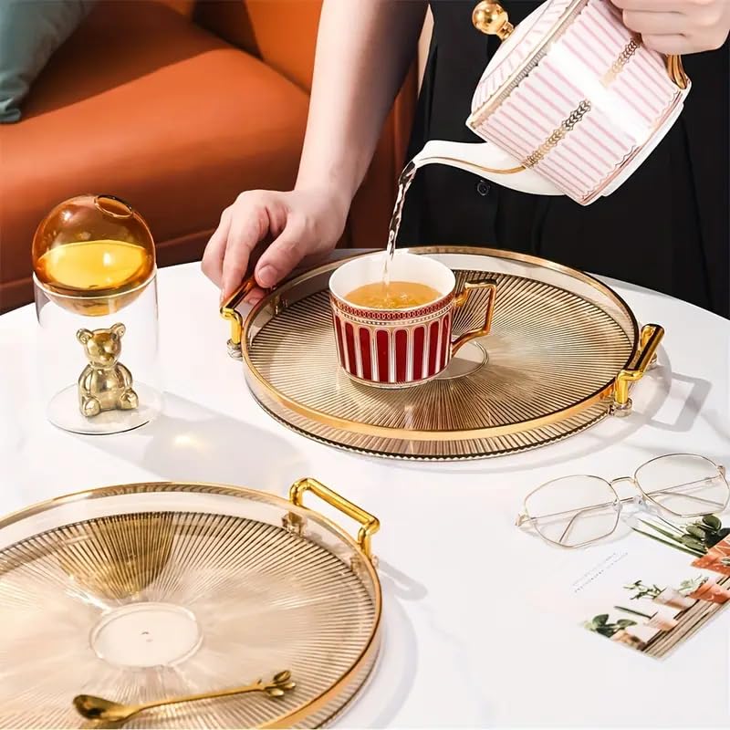 VPGS Serving Tray with Golden Handles, Acrylic Decorative Tray Round Tray, Serving Platter for Food/Drinks/Snack/Coffee/Tea, Display Tray for Home Bar Restaurant (Transparent) - Image 1