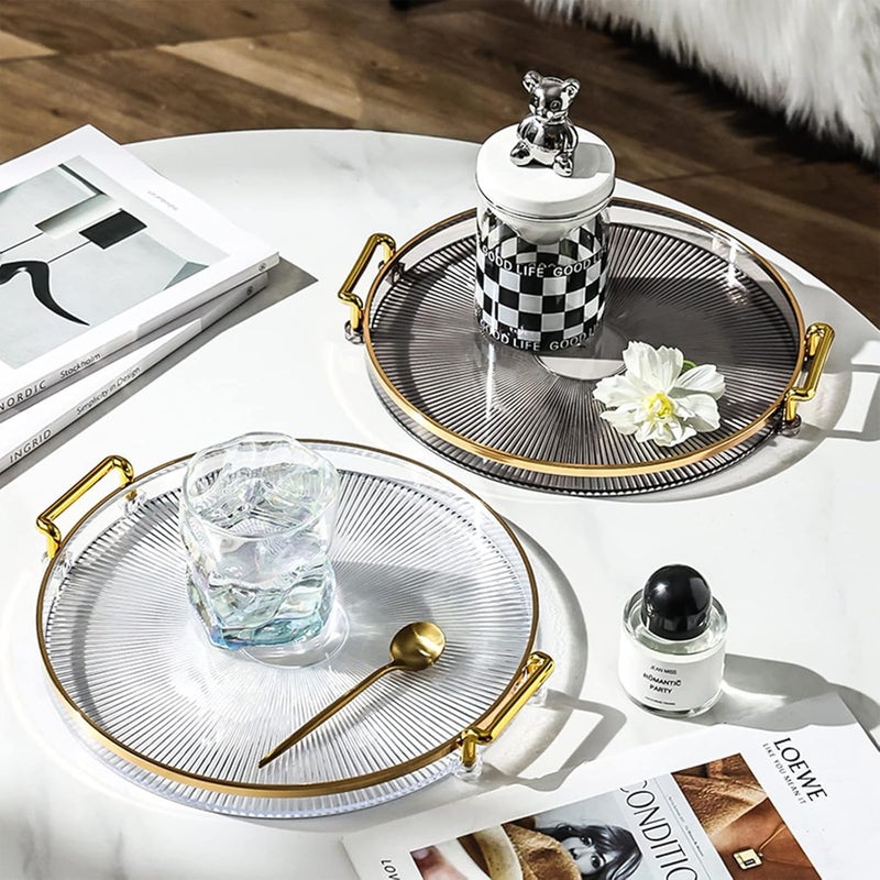 VPGS Serving Tray with Golden Handles, Acrylic Decorative Tray Round Tray, Serving Platter for Food/Drinks/Snack/Coffee/Tea, Display Tray for Home Bar Restaurant (Transparent) - Image 3