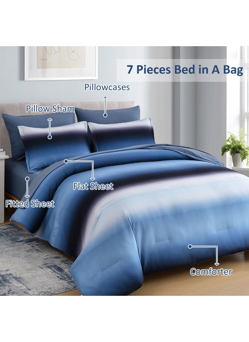 Dinjoy Dinjoy Boho Striped Ombre Blue Comforter Set Full Size Gradient Blue Bedding Set for Teen Men Women 7 Pieces Bed in A Bag Bed Set with Comforter  Sheets  Pillowcases & Shams  - Image 2