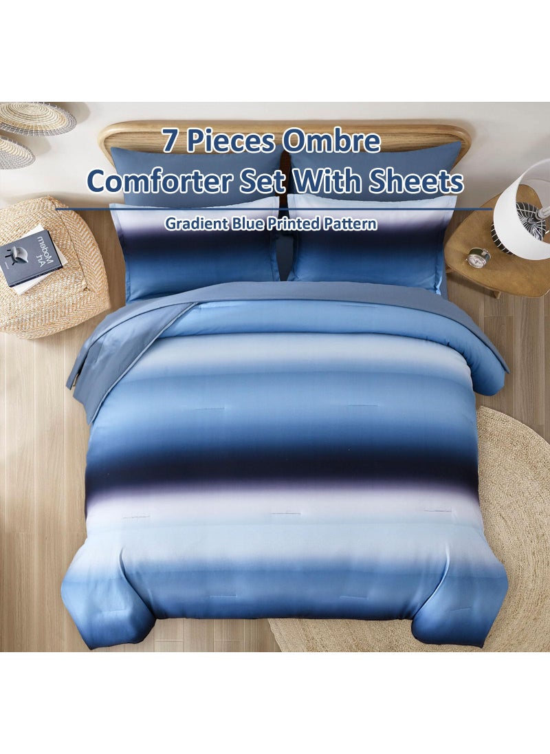 Dinjoy Dinjoy Boho Striped Ombre Blue Comforter Set Full Size Gradient Blue Bedding Set for Teen Men Women 7 Pieces Bed in A Bag Bed Set with Comforter  Sheets  Pillowcases & Shams  - Image 3