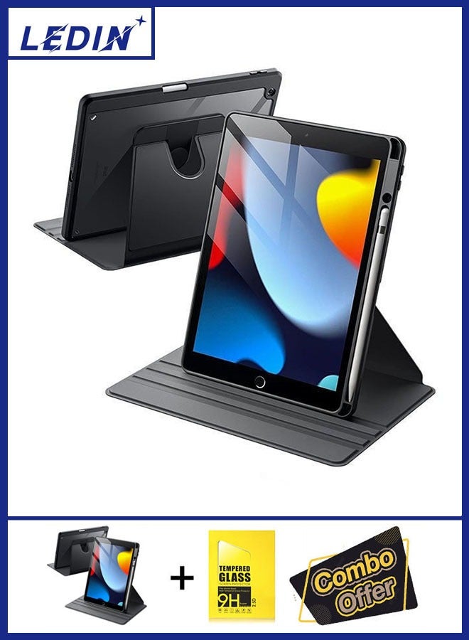 LEDIN 2 in 1 Rotating Case for iPad 7th (10.2-Inch, 2019 Model,7th Generation) with Pencil Holder,360 Degree Rotation Protective Stand Slim Cover Clear Back, Auto Wake/Sleep With Tempered Glass - Image 1
