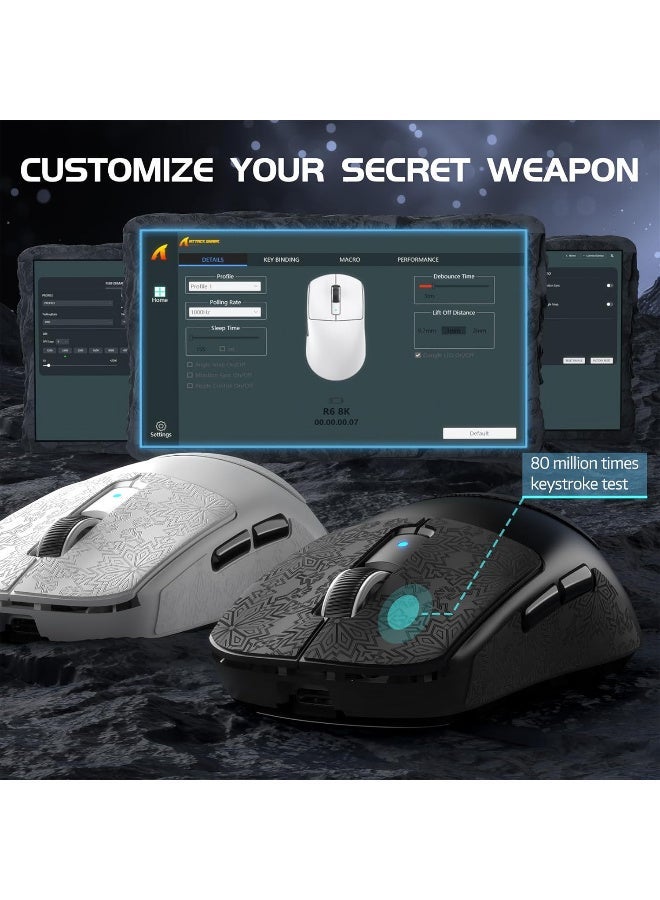 هجوم القرش R6 Lightweight Wireless Gaming Mouse,PAW 3950Max Sensor Computer Mouse with Nordic 52480,8KHz Polling,42K DPl,OMRON Optaicl Switch,USB-C Charging,7 Programmable Buttons(Black & Sticker) - Image 4
