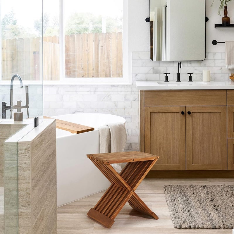 FEELING MALL Bamboo Folding Stool Portable Furniture Bench Stool Spa Bath Seat Chair | Small Dining Table and Coffee Table | Non-Slip Shower Stool,Wooden Flower Pot Stand Stool | Entryway Table - Image 2