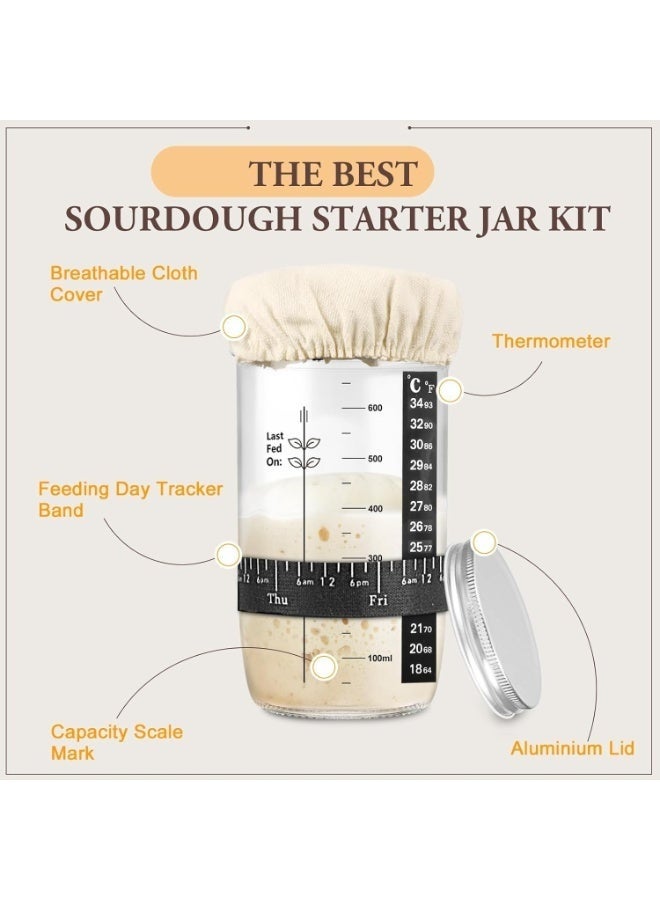 Sourdough Starter Jar Sourdough Starter Kit with Date Marked Feeding Band Thermometer Cloth Cover & Metal Lid Reusable Sourdough Bread Baking Supplies Home Baking Supplies(24oz/700ml) - Image 3