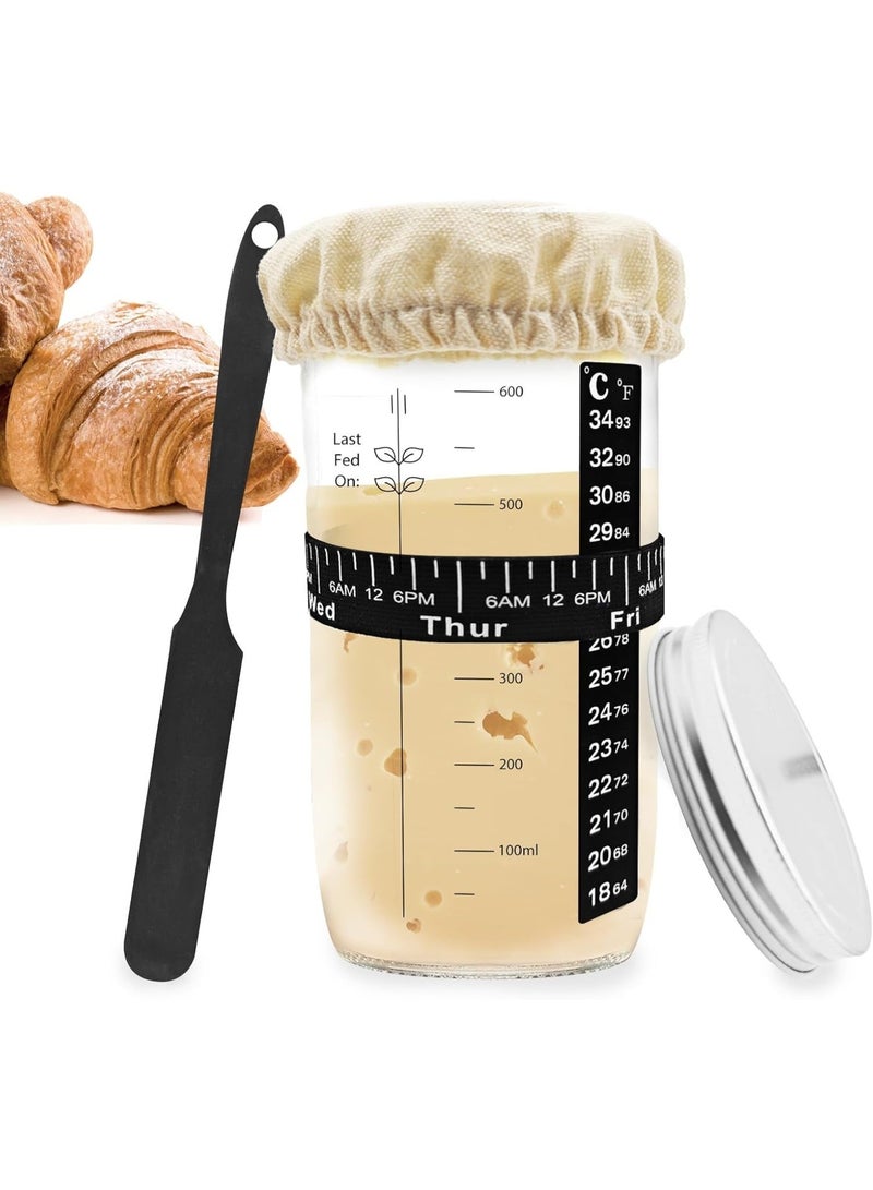Sourdough Starter Jar Sourdough Starter Kit with Date Marked Feeding Band Thermometer Cloth Cover & Metal Lid Reusable Sourdough Bread Baking Supplies Home Baking Supplies(24oz/700ml) - Image 1