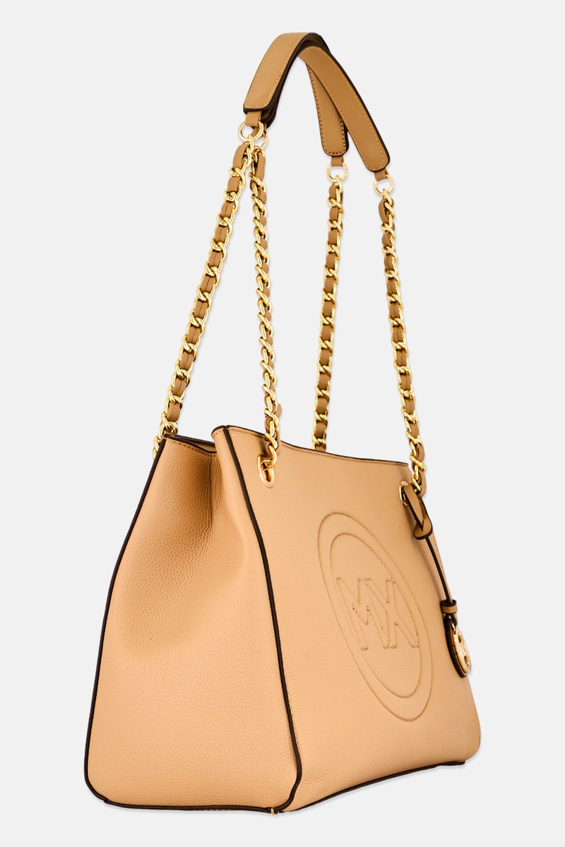 Max Studio Women Signature Emblem Pebble Grain Tote Bag, Tan - Image 4