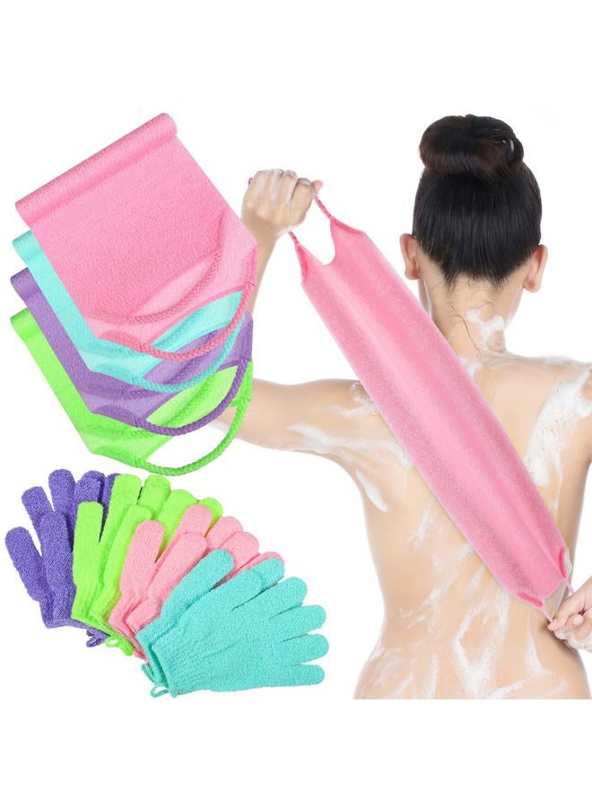 Breling Exfoliating Back Scrubber with Handles Set of 8 Shower Bath Gloves 4 Pairs Scrub for Women Men Children Skin, Stretchable Pull Strap Washcloth, Pink, Purple, Blue, Green - Image 1