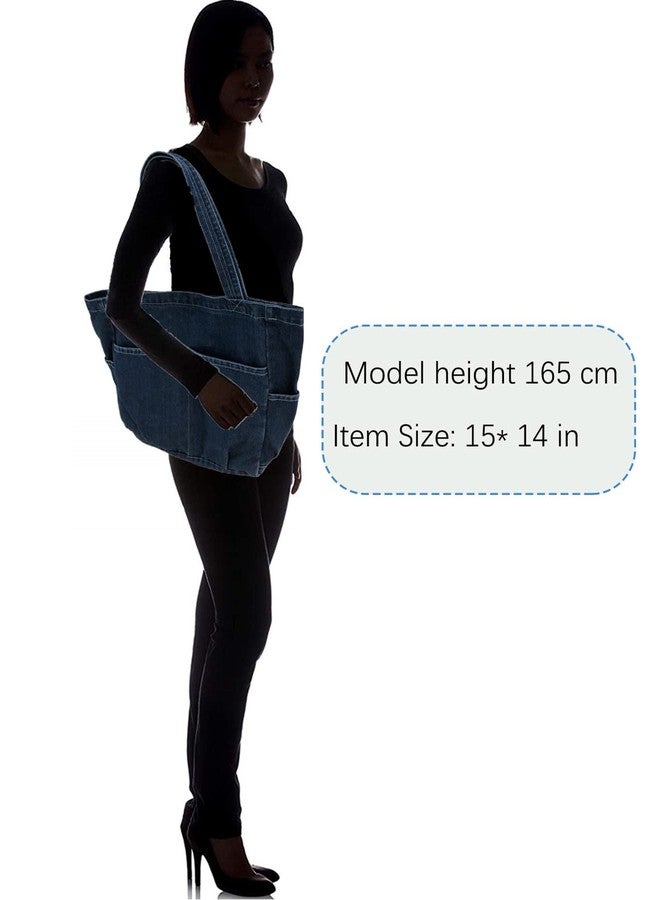 YunZh Denim Tote Bag Casual Style Lightweight Classic Retro Travel Shopper Shoulder Handbag - Image 3