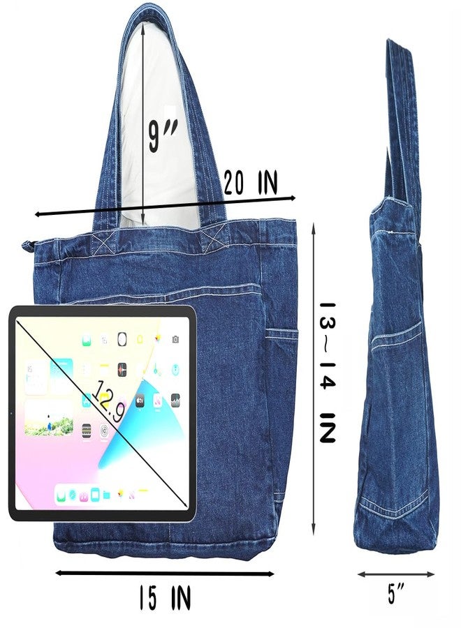 YunZh Denim Tote Bag Casual Style Lightweight Classic Retro Travel Shopper Shoulder Handbag - Image 4