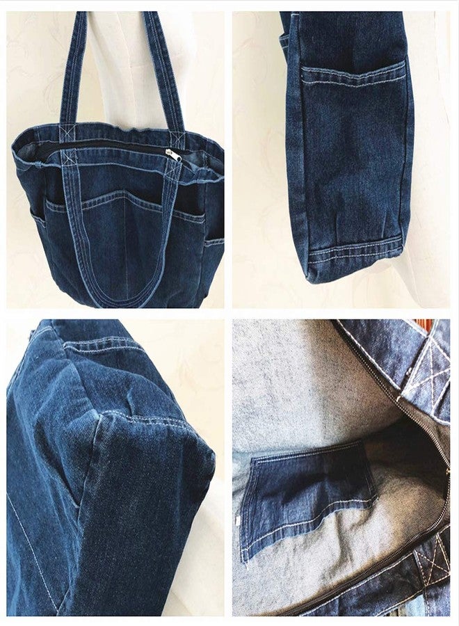 YunZh Denim Tote Bag Casual Style Lightweight Classic Retro Travel Shopper Shoulder Handbag - Image 2