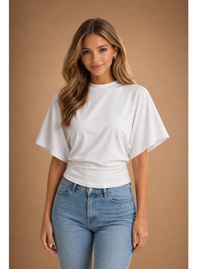 ARCO STORE Women's Natural Viscose Fabric Bat Sleeve Waist-Fitted Blouse - Image 2