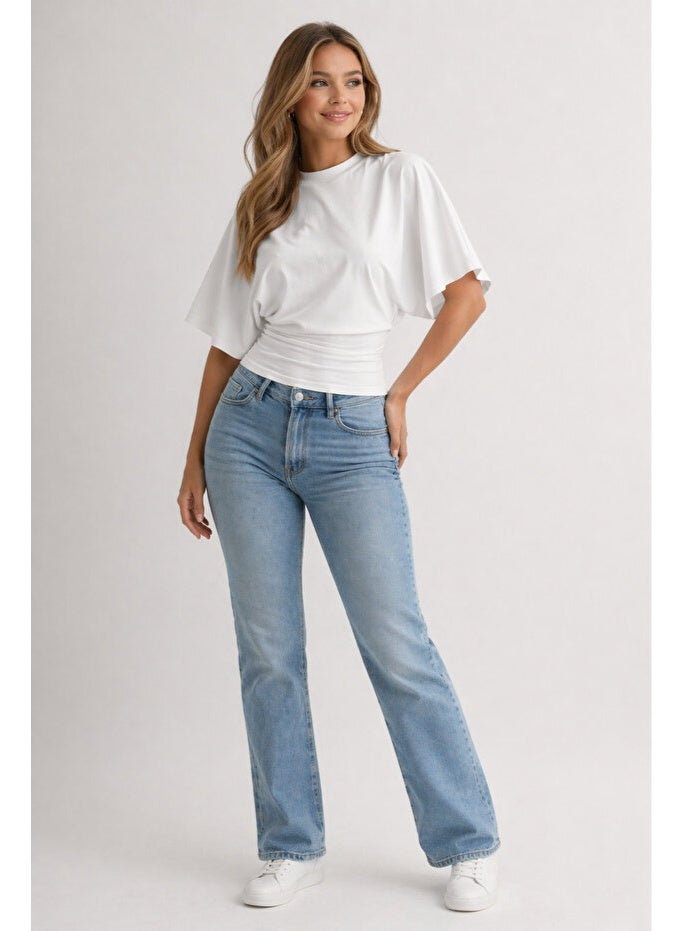 ARCO STORE Women's Natural Viscose Fabric Bat Sleeve Waist-Fitted Blouse - Image 1
