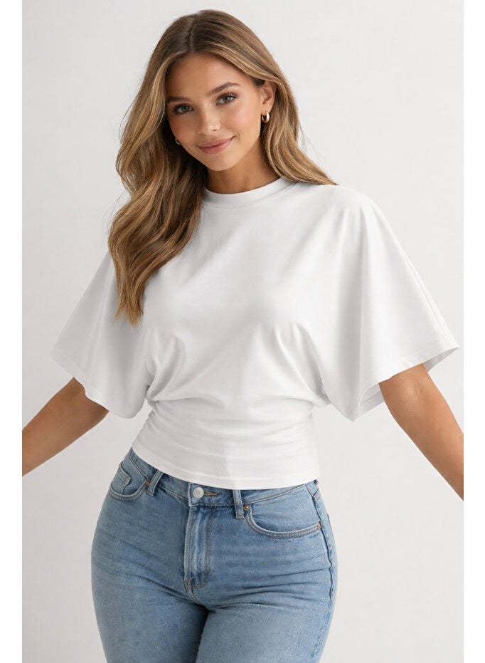 ARCO STORE Women's Natural Viscose Fabric Bat Sleeve Waist-Fitted Blouse - Image 4