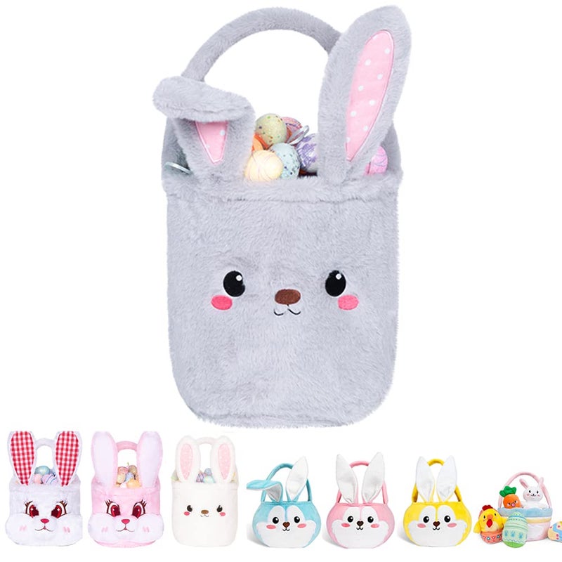 LUBOT Bunny Easter Basket for Kids Cute Plush Empty Bucket with Foldable Ears and Handle Egg Hunt Tote Candy Bag Basket for Boy Girl Teens Gift Easter Basket Decor Grey 99 Inch 