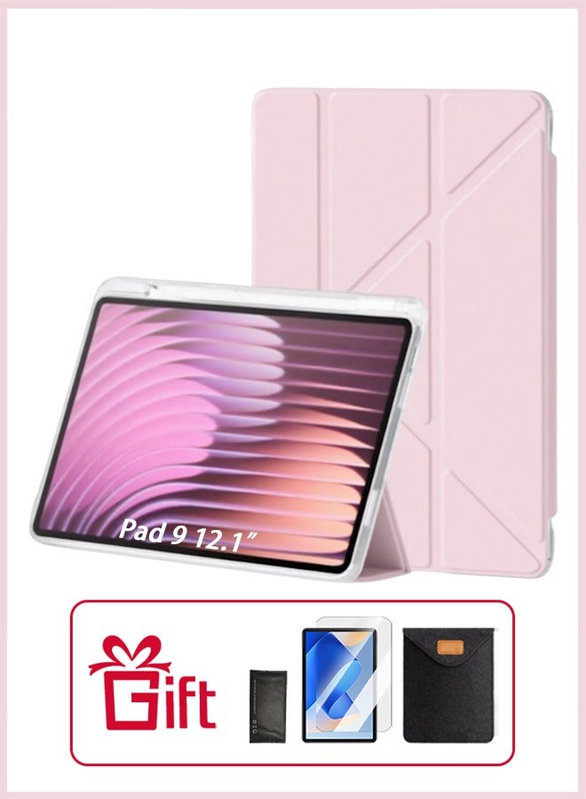 For HONOR Pad 9 12.1-Inch Pad Case With Pen Slot,Shockproof Y Folding Stand, Transparent Tpu Protective Case,  Flip Cover Stand Smart Wake-Up/ Free AED 23 Anti-Glare Protective Film - Pink - Image 1