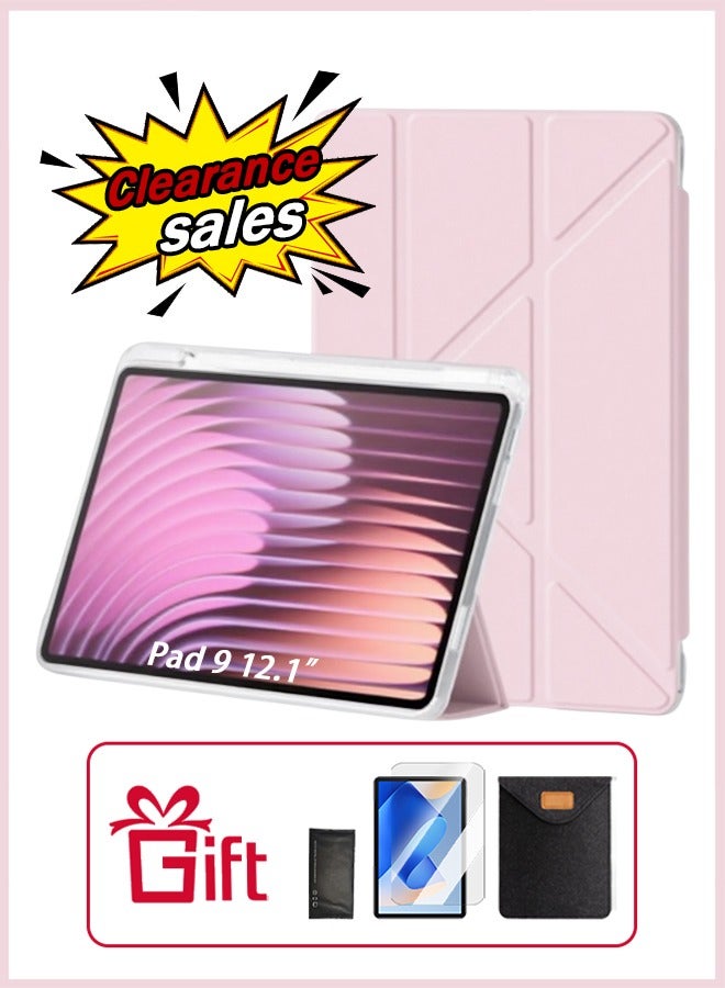 For HONOR Pad 9 12.1-Inch Pad Case With Pen Slot,Shockproof Y Folding Stand, Transparent Tpu Protective Case,  Flip Cover Stand Smart Wake-Up/ Free AED 23 Anti-Glare Protective Film - Pink - Image 1