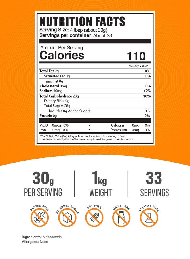 BulkSupplements.com Maltodextrin Powder - Maltodextrin Supplement for Energy Boost, Food Grade - Unflavored & Gluten Free, 30g per Serving, 1kg (2.2 lbs) (Pack of 1) - Image 2