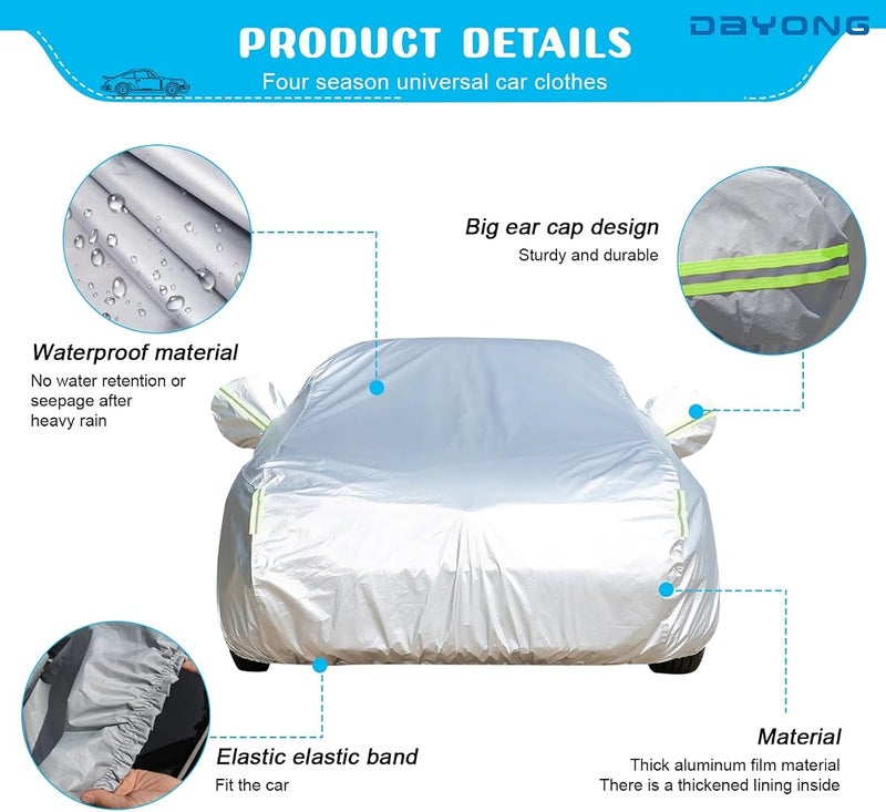DAYONG Car Cover, All Weather Waterproof Full Cover for Sedan SUV, Cotton Lining Door Zipper, Windproof Straps, Dustproof Sun Protection Car Tarp for Automobiles. (C1-490 * 190 * 150CM) - Image 4