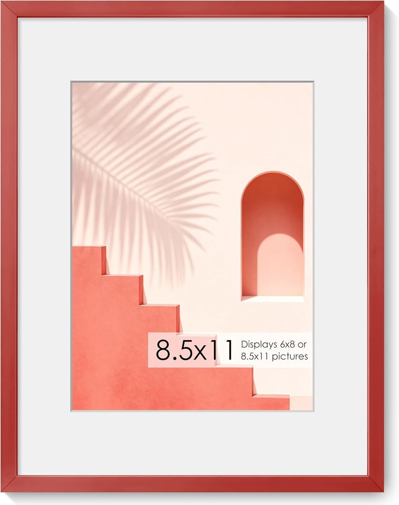 Fun Memories إطار صور معدني 8.5x11 من ذكريات ممتعة - إطارات صور ألومنيوم 8.5x11 مع حشوة 6x8، واجهة بلاكسجلاس عالية الوضوح، وملحقات تعليق - مثالي للعرض على الحائط أو الطاولة (أحمر، عبوة واحدة) - Image 1
