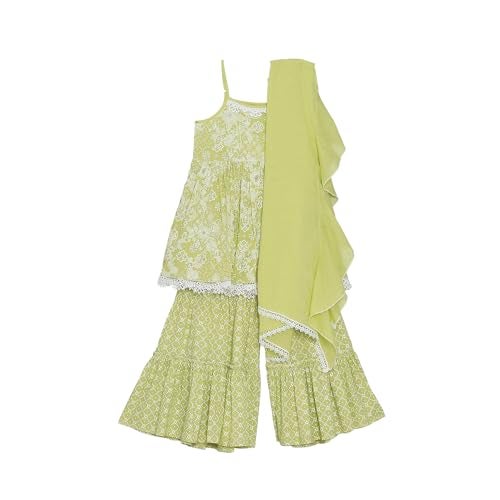 BIBA Girls PRINTED GATHERED KID(KWWHITE BLOOMS5767_GREEN_15) - Image 1