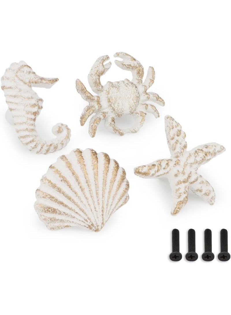 SYOSI Coastal Drawer Pulls, Ocean Seashell Starfish Crab Knobs, Nautical Sea Horse Cast Iron Cabinet Handles, Decorative Vintage Style Hardware for Dresser Cupboard Kitchen Furniture, 4 Pcs White - Image 1