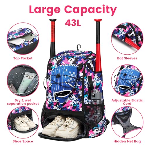 GOTECH Softball Bat Bag for Youth & Adults, Baseball Equipment Bag with Fence Hook, Lightweight Bat Backpack with Shoe Compartment, Large Main Compartment for Helmet - Pink - Image 4