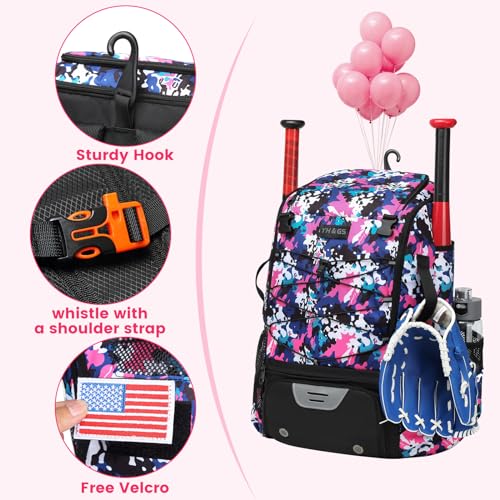 GOTECH Softball Bat Bag for Youth & Adults, Baseball Equipment Bag with Fence Hook, Lightweight Bat Backpack with Shoe Compartment, Large Main Compartment for Helmet - Pink - Image 3