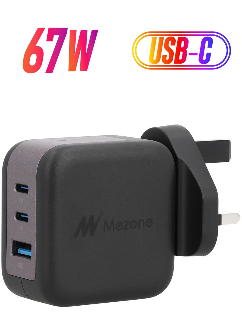 Mezone 67W USB C Charger 3-Port GaN Laptop Charger, Type C Fast Charging Wall Charger UK Plug Compatible for MacBook Pro/Air, HP/Dell/Lenovo, iPad Pro/Air, iPhone 15 Series,Galaxy S24 Ultra/S23, etc - Black  - Image 1