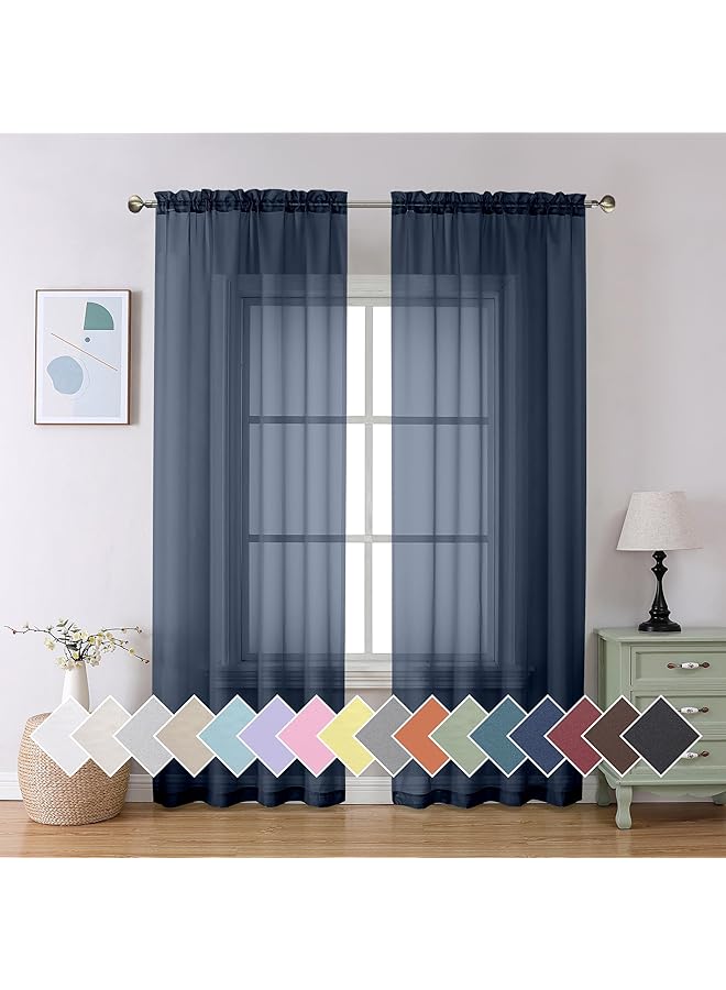 إيروريكس ستائر شفافة باللون الأزرق الداكن مكونة من لوحتين مع جيوب قضيبية ناعمة الملمس لغرفة المعيشة وغرفة النوم 100×250 سم - Image 1