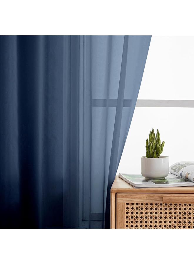 إيروريكس ستائر شفافة باللون الأزرق الداكن مكونة من لوحتين مع جيوب قضيبية ناعمة الملمس لغرفة المعيشة وغرفة النوم 100×250 سم - Image 5