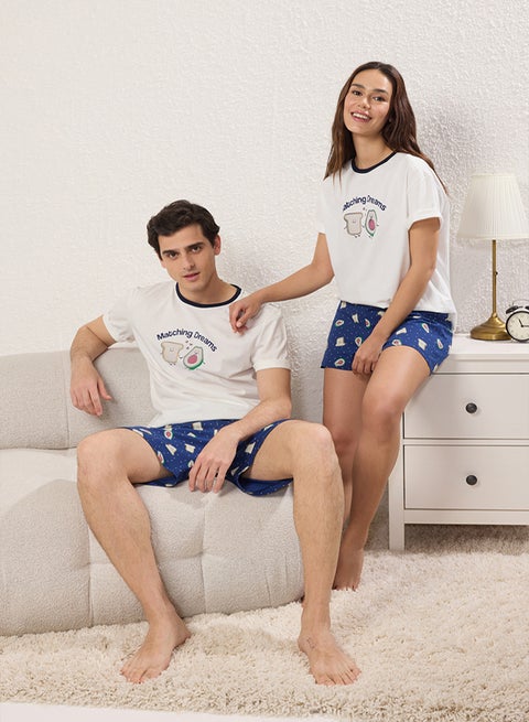 Women Couple/Couple White 100% Cotton Avocado Pattern Shorts Knitted Pajamas Set