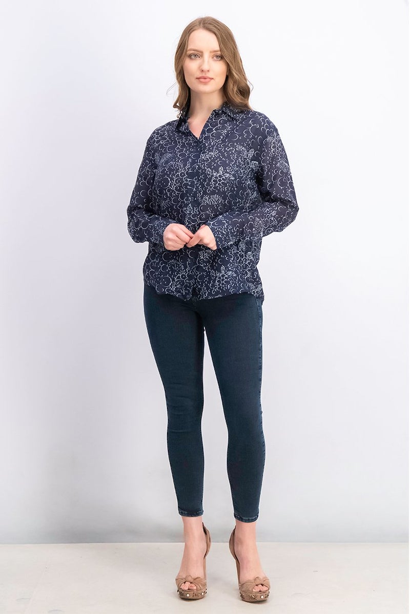 Vilebrequin Women Spread Collar Long Sleeve Printed Top, Blue Marine - Image 3