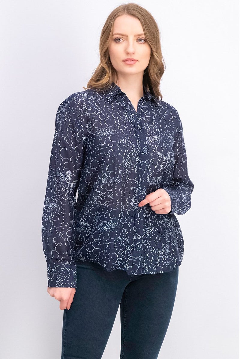 Vilebrequin Women Spread Collar Long Sleeve Printed Top, Blue Marine - Image 1