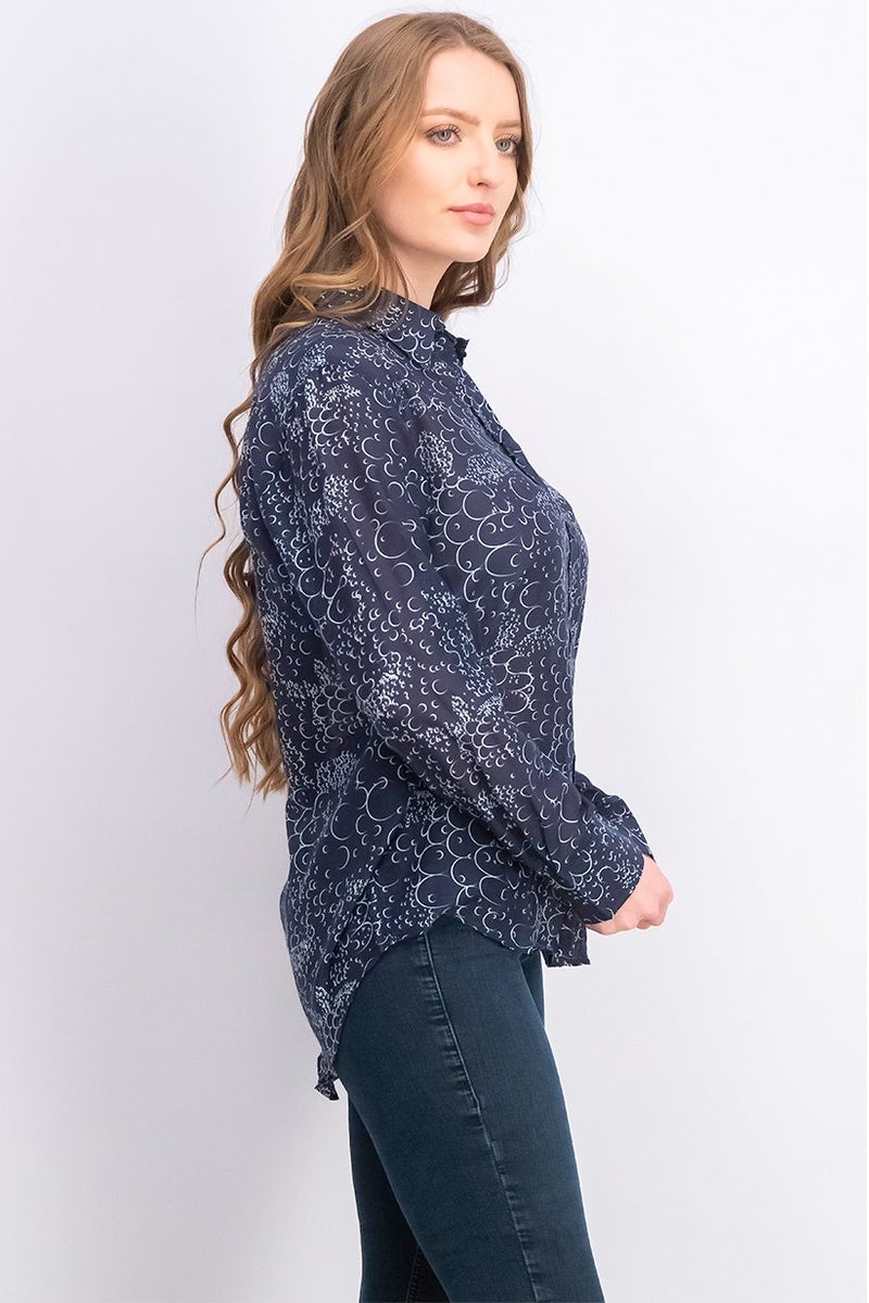 Vilebrequin Women Spread Collar Long Sleeve Printed Top, Blue Marine - Image 4