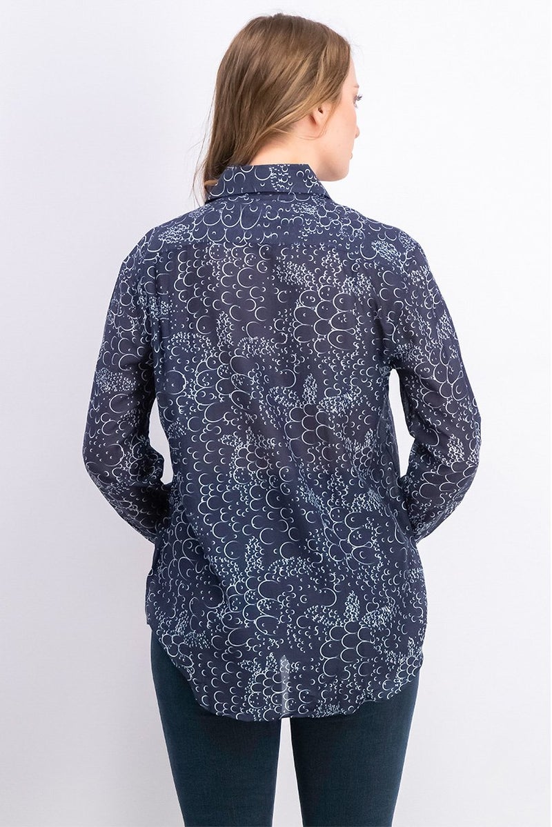 Vilebrequin Women Spread Collar Long Sleeve Printed Top, Blue Marine - Image 2
